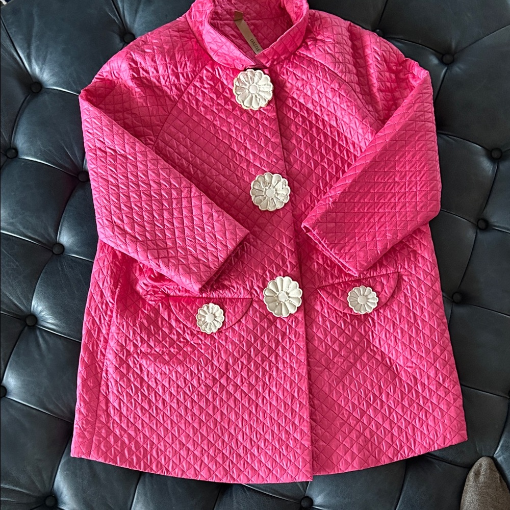 Pink Quilted Women's Coat with Floral Buttons